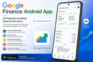 Google Finance Android app displaying Gemini AI-powered stock market tracking, portfolio management, and real-time financial insights on an Android smartphone.