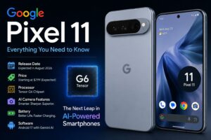 Google Pixel 11 smartphone showcasing Tensor G6 chipset, AI camera features, Android 17 integration, and expected flagship design ahead of launch