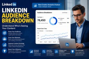 LinkedIn Audience Breakdown feature showing advanced creator analytics, audience reach insights, content performance metrics, and professional networking growth dashboard.