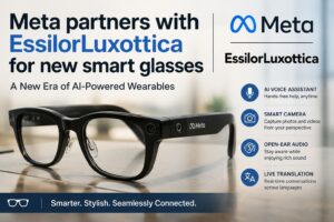 Meta partners with EssilorLuxottica for new smart glasses featuring AI-powered voice assistant technology, smart camera capabilities, and next-generation wearable innovation.