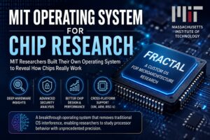 MIT Operating System for Chip Research infographic showing the Fractal operating system, advanced processor architecture, microchip visualization, and how MIT researchers built a custom OS to study chip behavior and improve hardware security.