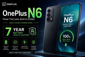 OnePlus N6 smartphone featuring 7-year battery health support, AI battery optimization, and advanced long-lasting battery technology.