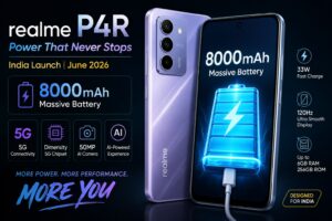 Realme P4R smartphone with 8000mAh battery and 5G connectivity