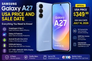 Samsung Galaxy A27 USA price and sale date with Snapdragon 6 Gen 3 processor, Galaxy AI features, Android 16, 120Hz Super AMOLED display, and 5000mAh battery