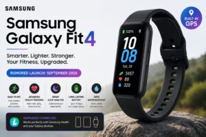 Samsung Galaxy Fit4 fitness tracker featuring AMOLED display, advanced health tracking, GPS support, and long battery life