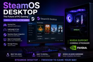 SteamOS Desktop running on a custom gaming PC with Nvidia graphics support as Valve expands Linux gaming compatibility