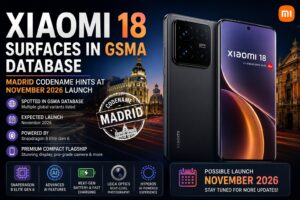 Xiaomi 18 surfaces in GSMA database with Madrid codename, highlighting the expected November 2026 launch, Snapdragon 8 Elite Gen 6 chipset, AI features, and premium flagship design.