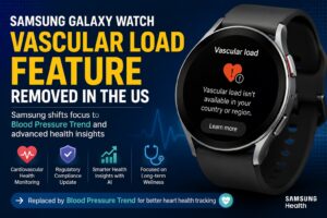 Samsung Galaxy Watch Vascular Load feature removed in the US, showing a Galaxy Watch with a notification about the feature being unavailable and Samsung's new Blood Pressure Trend health update.