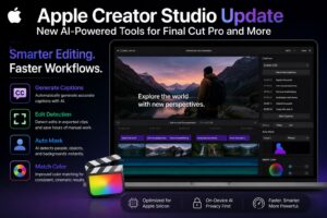 Apple Creator Studio update showcasing AI captions, Auto Mask, Edit Detection, and advanced Final Cut Pro video editing features for professional creators.