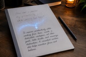 reMarkable Paper Pro AI notebook displaying disappearing handwritten notes and AI-generated handwritten responses on an E Ink screen